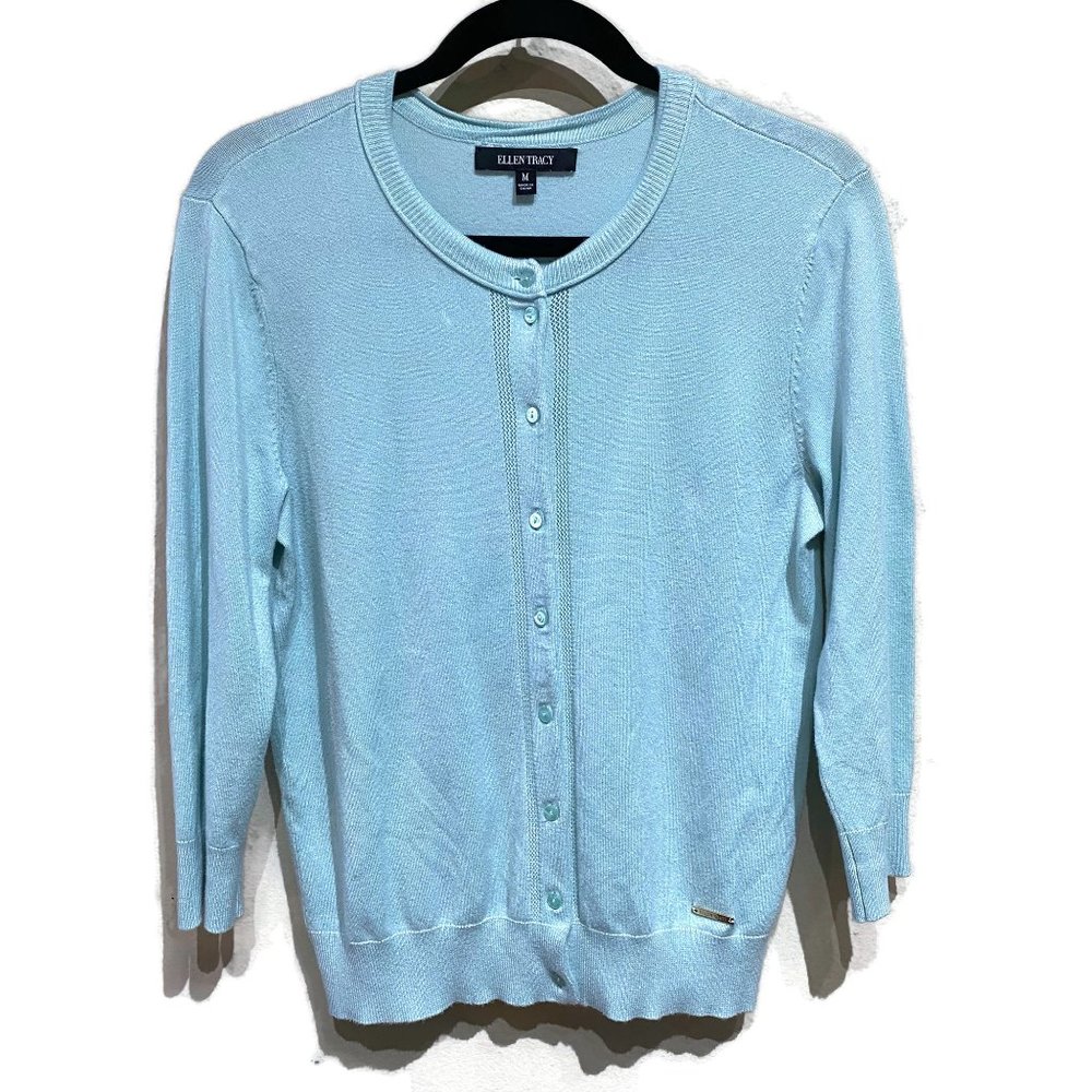 Ellen Tracy Light Blue Cardigan Crew Neck Sweater